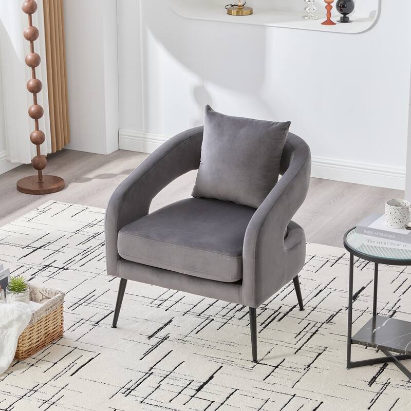 Modern Velvet Open Back Accent Chair Barrel Dining Chair Metal Legs Charcoal Living Room