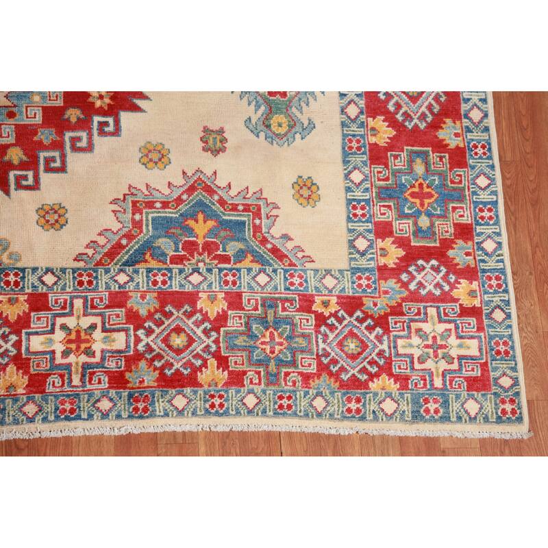 Hand Knotted Oriental 100% Wool Carpet Traditional Geometric Beige & Ivories Kazak Area Rug - 11' 0'' X 7' 9''