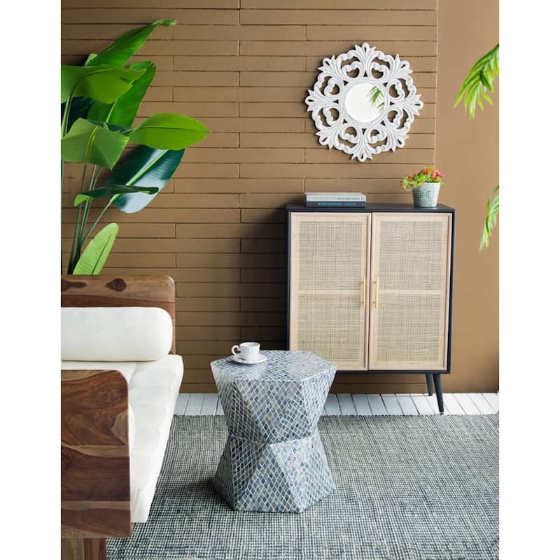 Geometric Capiz Shell Inlay Accent Stool - 19.75" - Blue and White