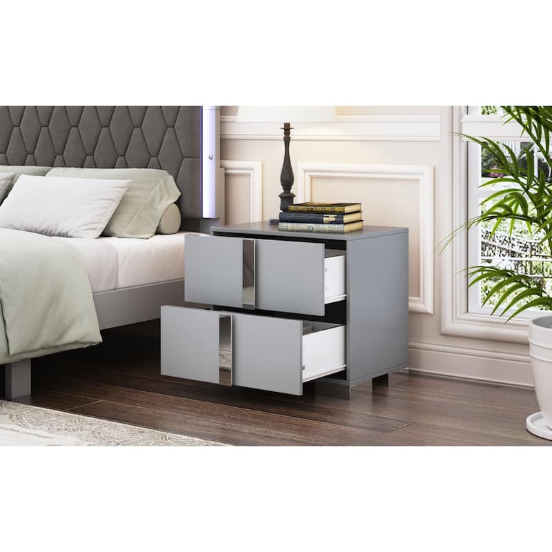 Elegant Nightstand with Metal Foot, Mirrored Bedside Table with 2 Drawers for Bedroom, Living Room