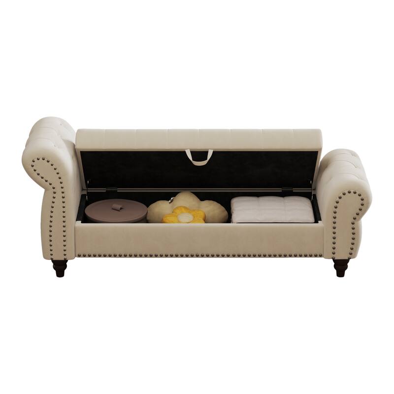 Beige Storage Bench Accent Bench End of Bed Bench with Nailhead Trim, Leisure Bench Vanity Bench with Armrests