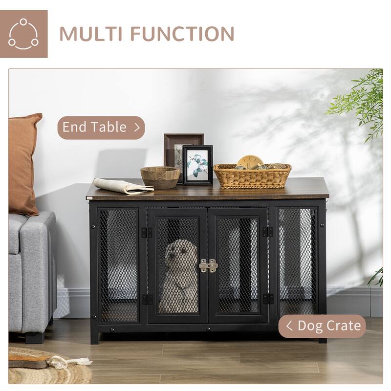 Brown and Midnight Black Dog Crate Side Table with Openable Top Spacious Interior and Heavy Duty Tabletop