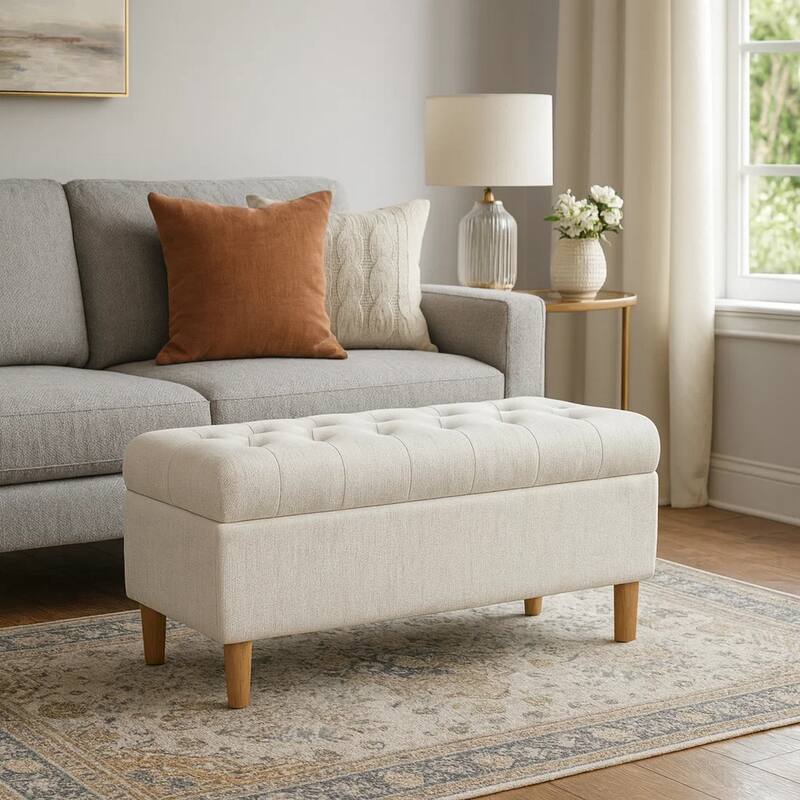 Sol Storage Bench Ottoman, Cream Woven Fabric, Brown Wood, 40 Inch