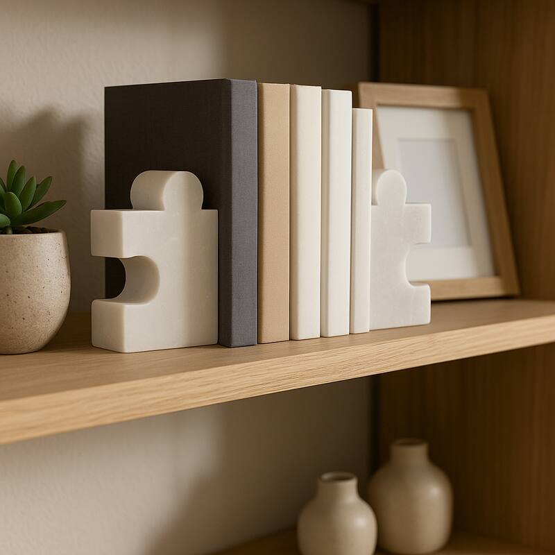 Modern Marble Puzzle Piece Bookends for Home Decor - 7", White - 7.0" - White - 7.0"