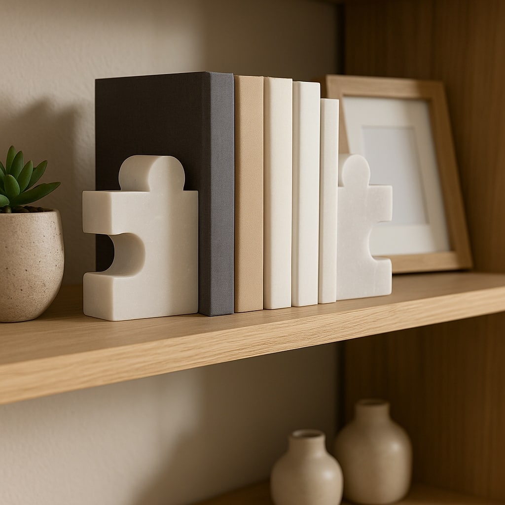 Modern Marble Puzzle Piece Bookends for Home Decor - 7", White - 7.0"
