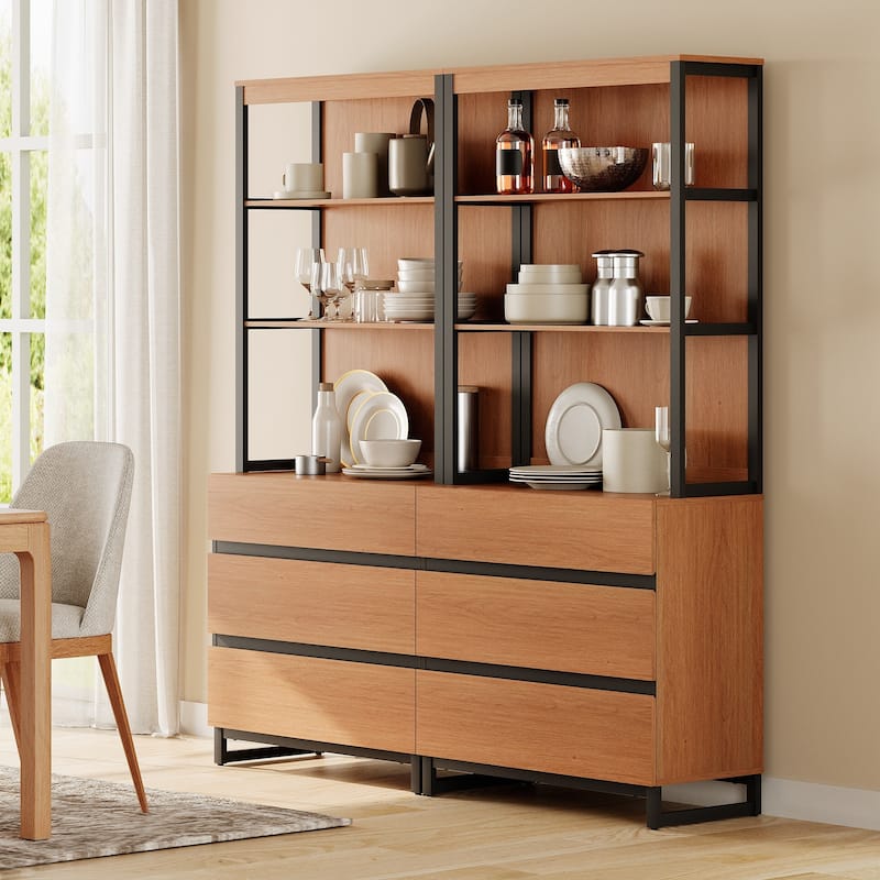 WAMPAT Modern 72" Tall Bookcase with Drawers and Open Book Shelfs, Library Book Shelf for Home Office, Living Room - 2 Piece - Mocha