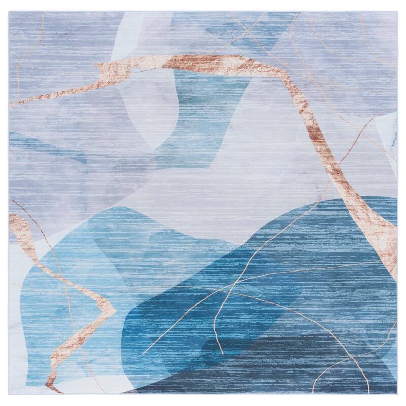 SAFAVIEH Tacoma Machine Washable Slip Resistant Maudie Mid-Century Modern - 8' x 8' Square - Blue/Gold - Square