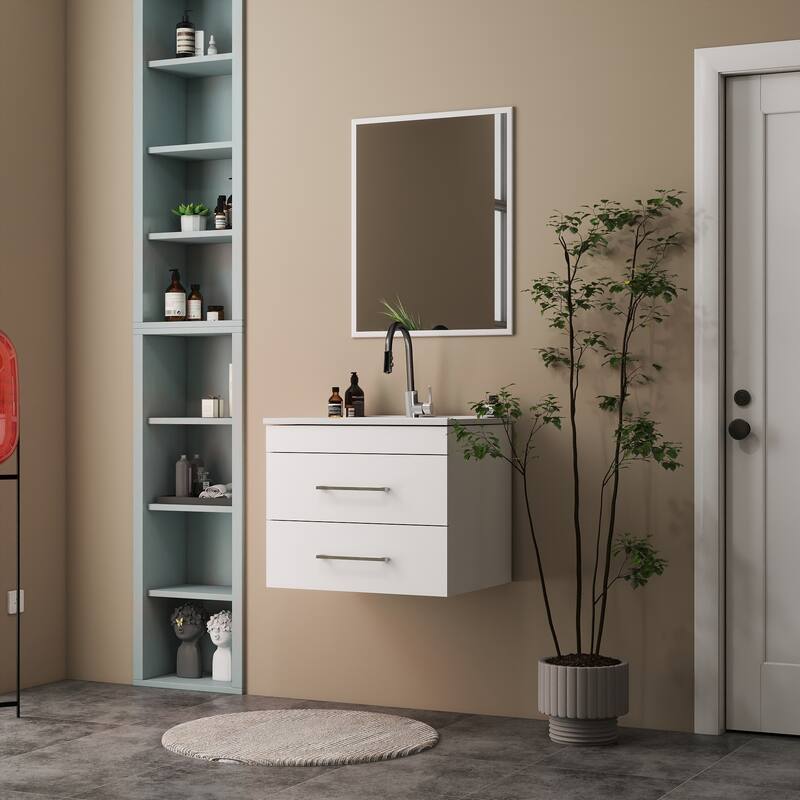 GDFStudio - 24-Inch Gloss Wall-Mounted Bathroom Vanity with Double Drawers Ceramic Sink, and Aluminium Frame