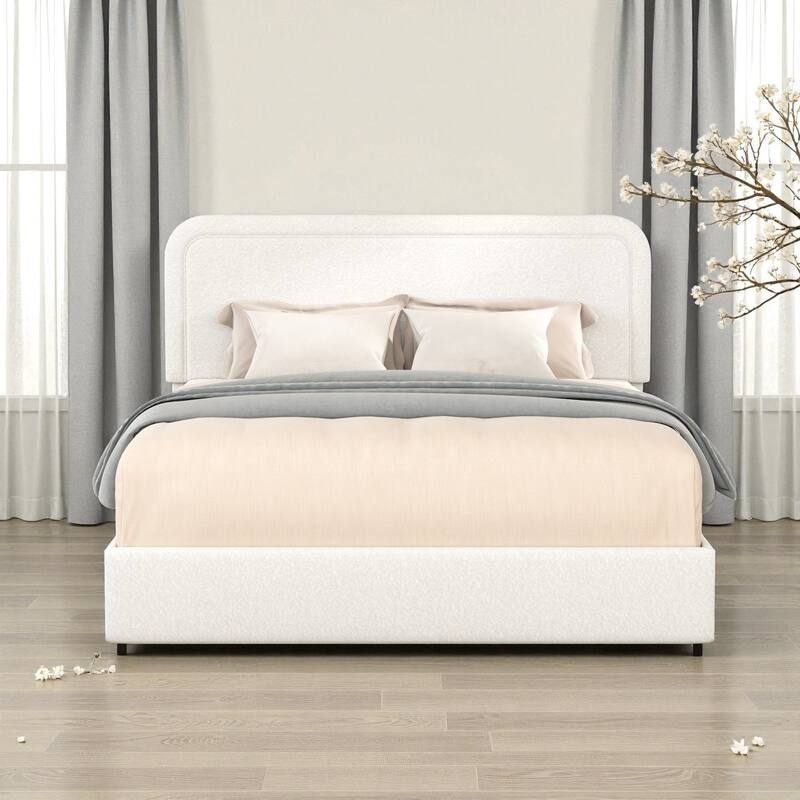 Queen Ivory Boucle Upholstered Platform Bed with 2 Storage Drawers, Curved Stitched Headboard, Wood Slats