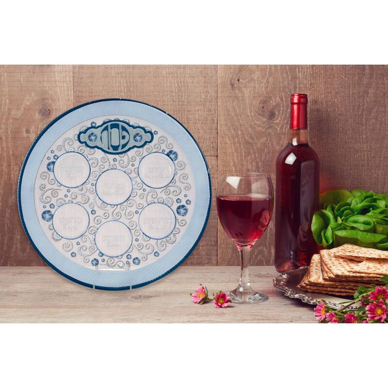 12" Elegant Blue and Gray Glass Passover Round Seder Plate