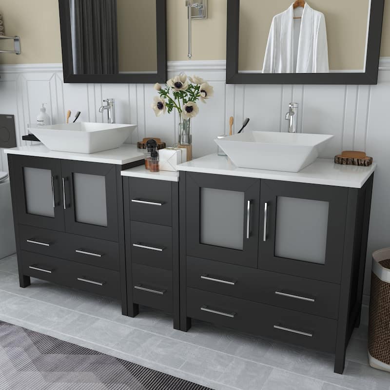 Vanity Art 72" Double Sink Bathroom Vanity Set with Engineered Marble Top Free Mirror - 72 x 18.5 x 36 Inches