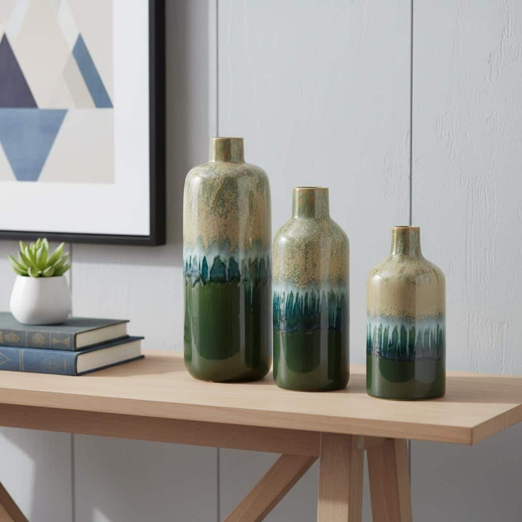 Set of Three Beige Blue And Green Round Ceramic Table Vase - 14.90