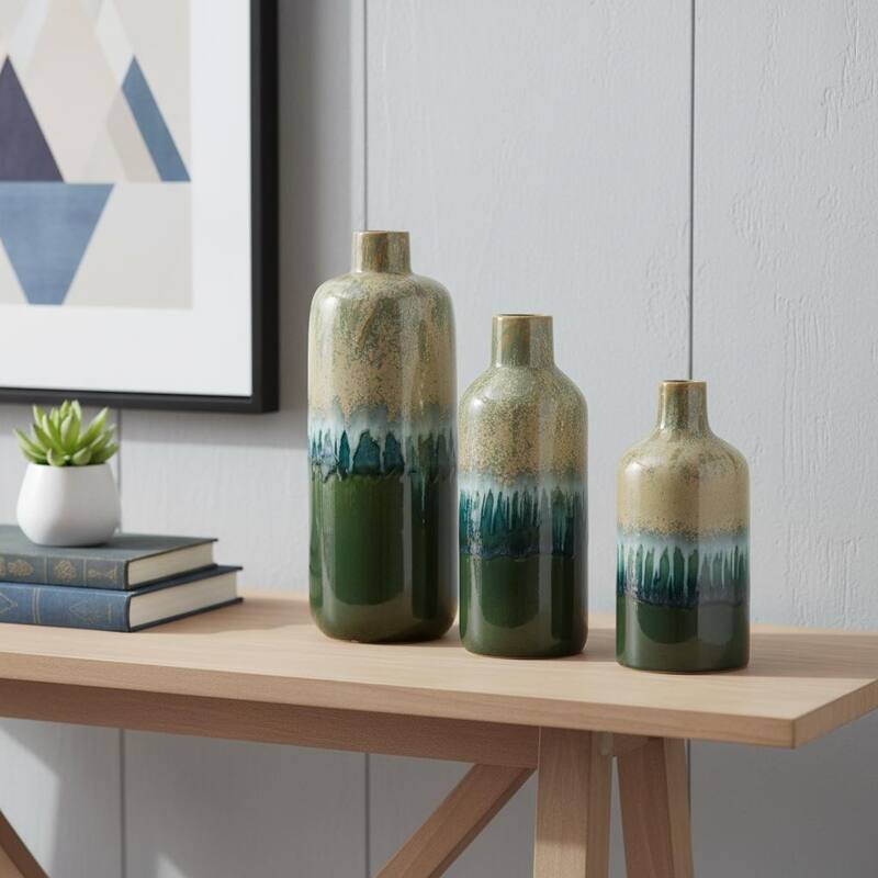 Set of Three Beige Blue And Green Round Ceramic Table Vase - 14.90 - Green/Beige/Blue - 14.90