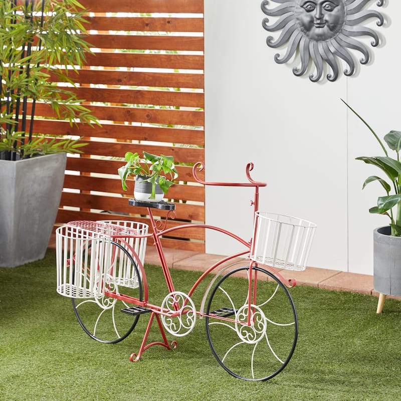 Metal Bike Indoor Outdoor Plantstand with Basket and Saddle Bag Planters - Red - Roche River Decor
