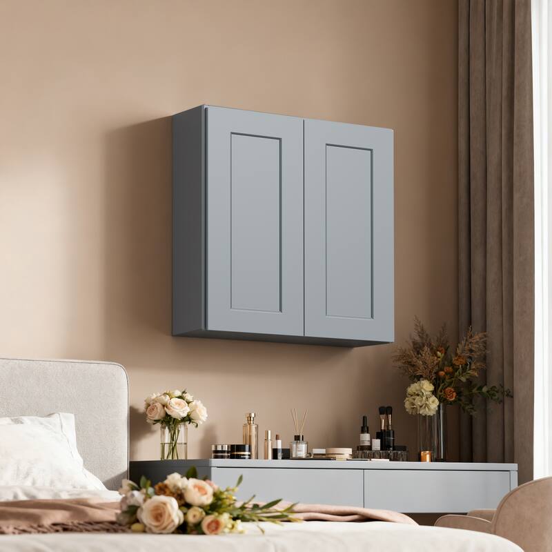 Navy Blue Shaker 36" Solid Wood Wall Cabinet, Soft Close Hinges, Adjustable Shelves, Double Door for Kitchen - Gray