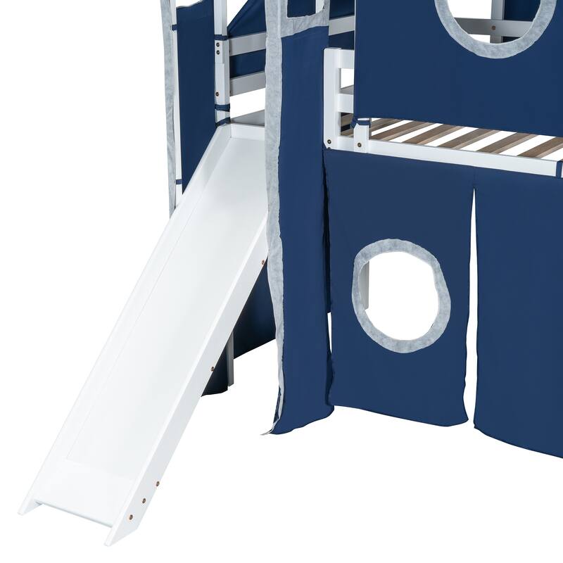 Blue Twin Loft Bed with Tent, Tower, and Playhouse Design for Kids