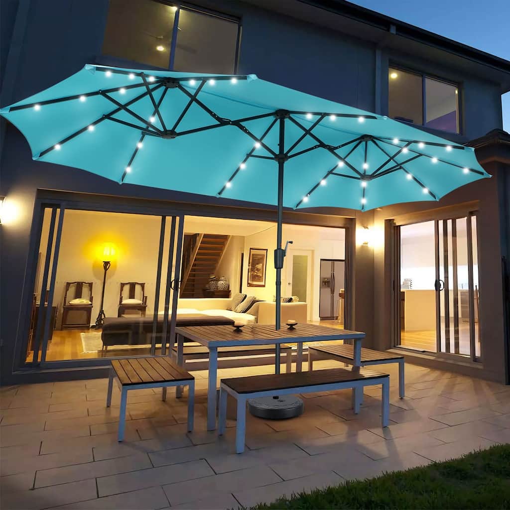 13ft/15ft Double-sided Patio Umbrella Solar LED Lighted Outdoor Martet Umbrella with Base