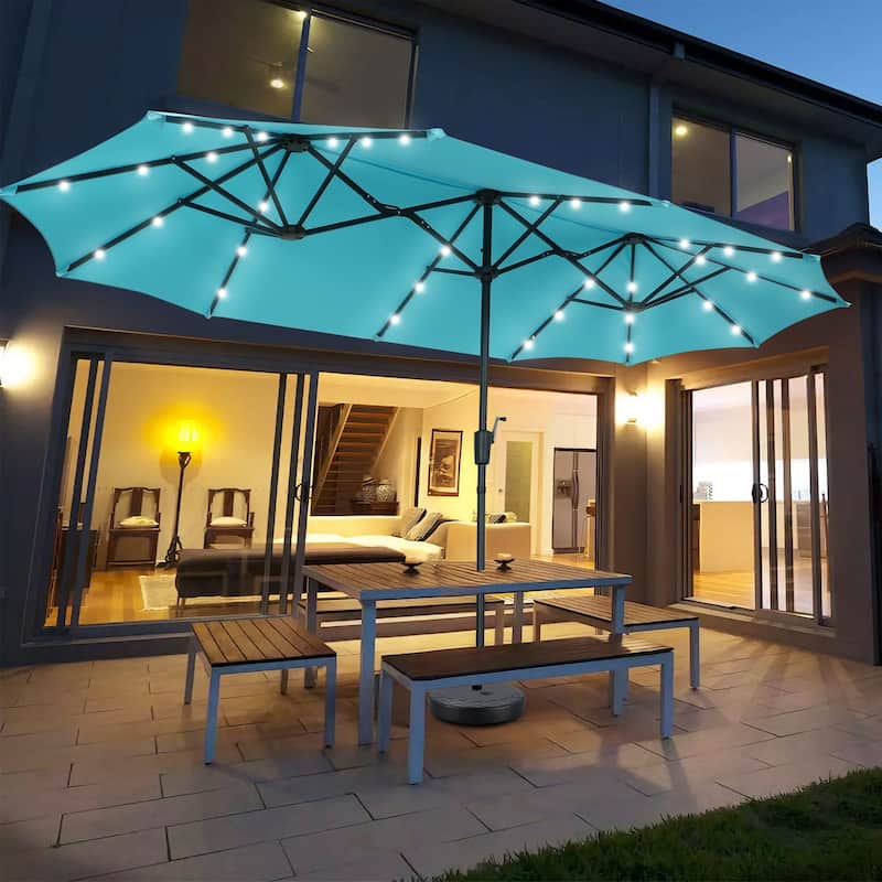 Ainfox 13ft Double-sided Patio Umbrella Solar LED Lighted Outdoor Martet Umbrella with Base