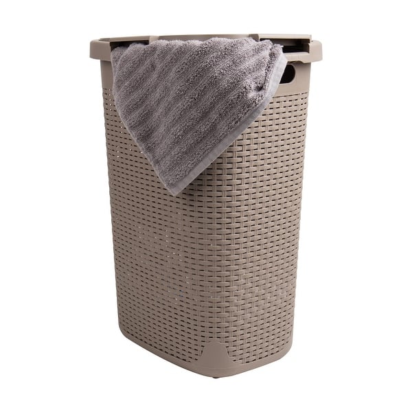 60L Slim Laundry Hamper, Clothes Basket, Lid, Wicker Design, Plastic ...