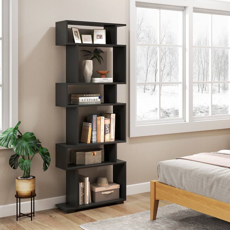 Engineered Wood 6-Tier S-Shaped Bookshelf with Anti-Tip Kits - 24" L x 8" W x 64" H