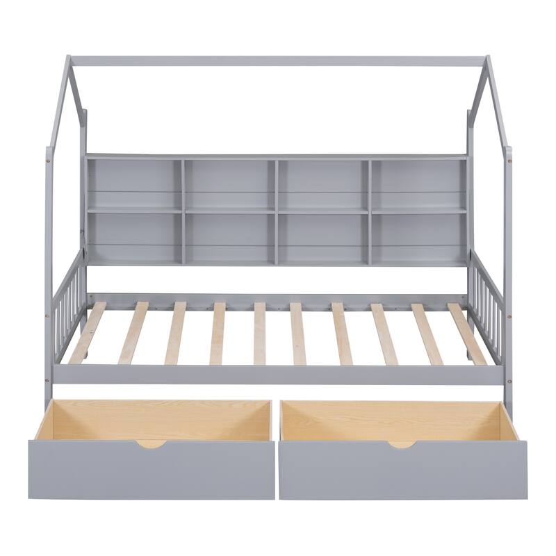 Wooden House Bed with 2 Drawers, 8 Storage Shelf, Kids Bed