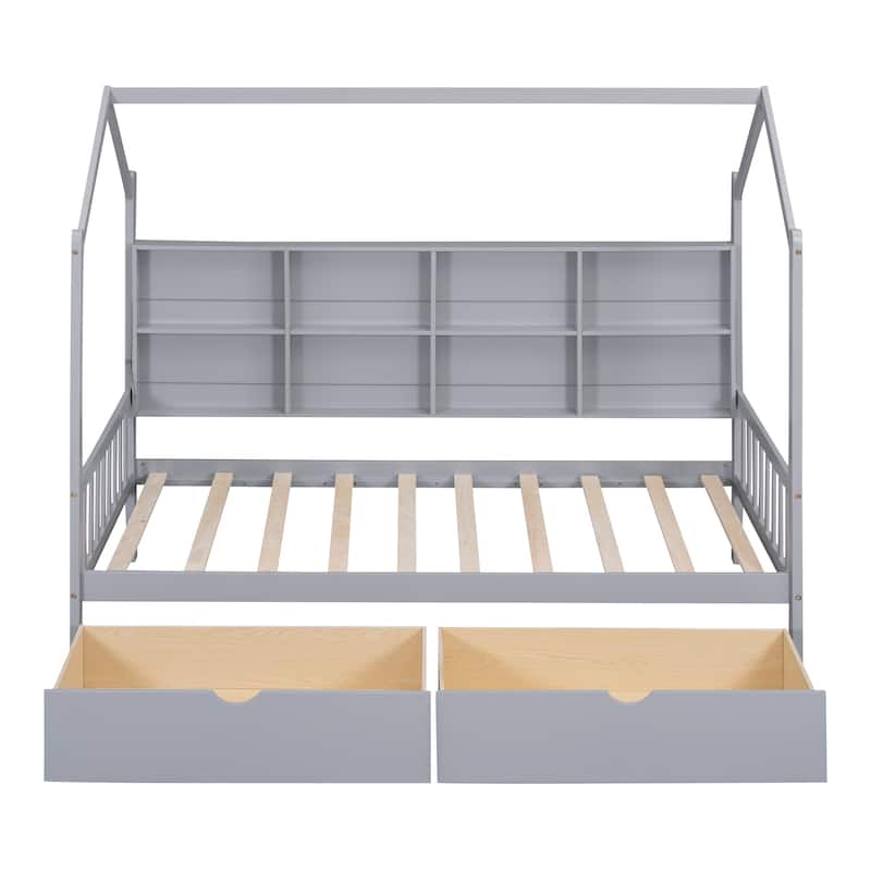 Wooden Twin Size House Bed with 2 Drawers,Kids Bed with Storage Shelf