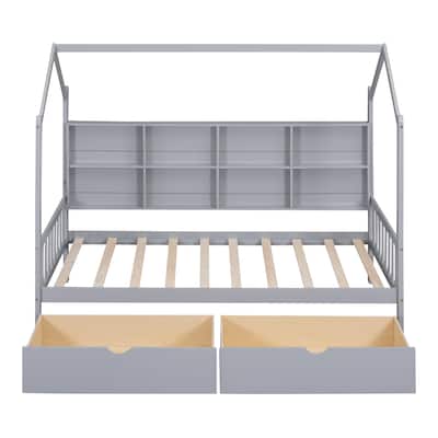 Wooden Twin Size House Bed with 2 Drawers,Kids Bed with Storage Shelf