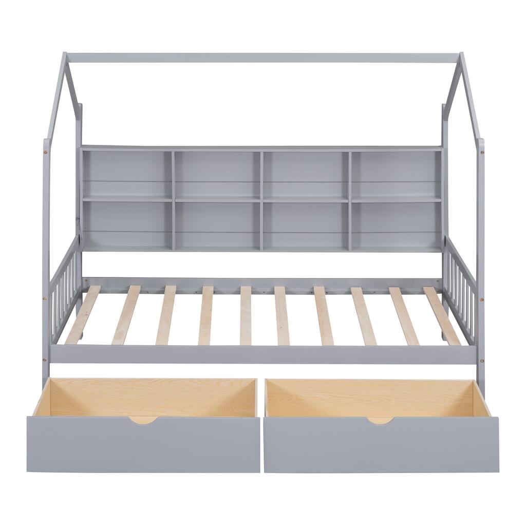 Wooden Twin Size House Bed with 2 Drawers,Kids Bed with Storage Shelf