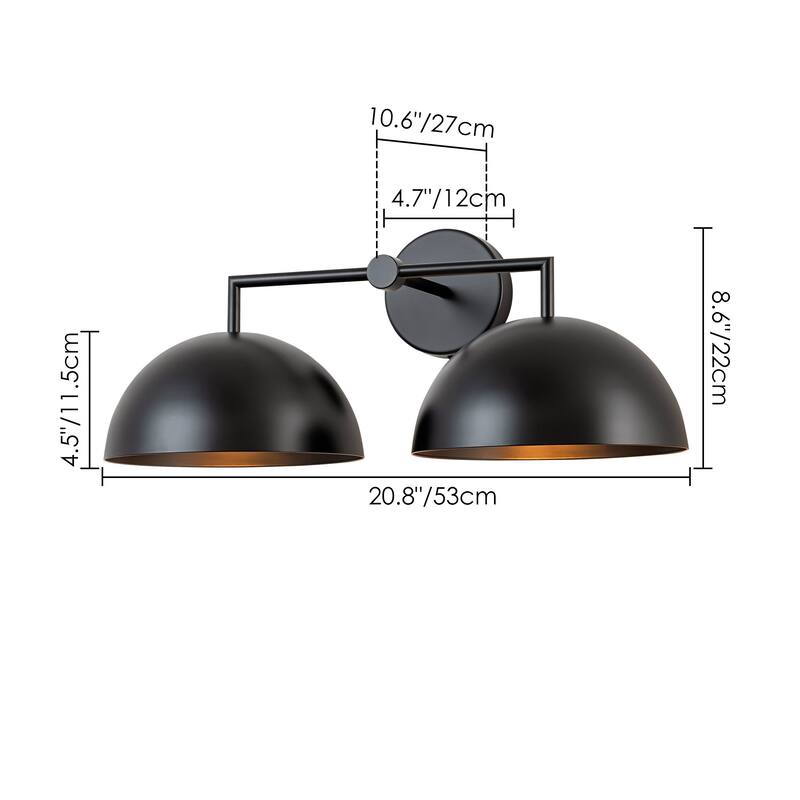 2-Light Modern Industrial Black Dome Pot Lid Vanity Light - 20.87 in. W x 8.66 in. H x 10.63 in. D