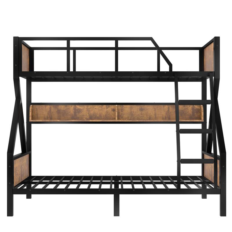 Twin over Full Bunk Bed, Metal Bunk Bed with Storage Shelves and Lights, Space-saving & Noise-free Design, Woodgrain