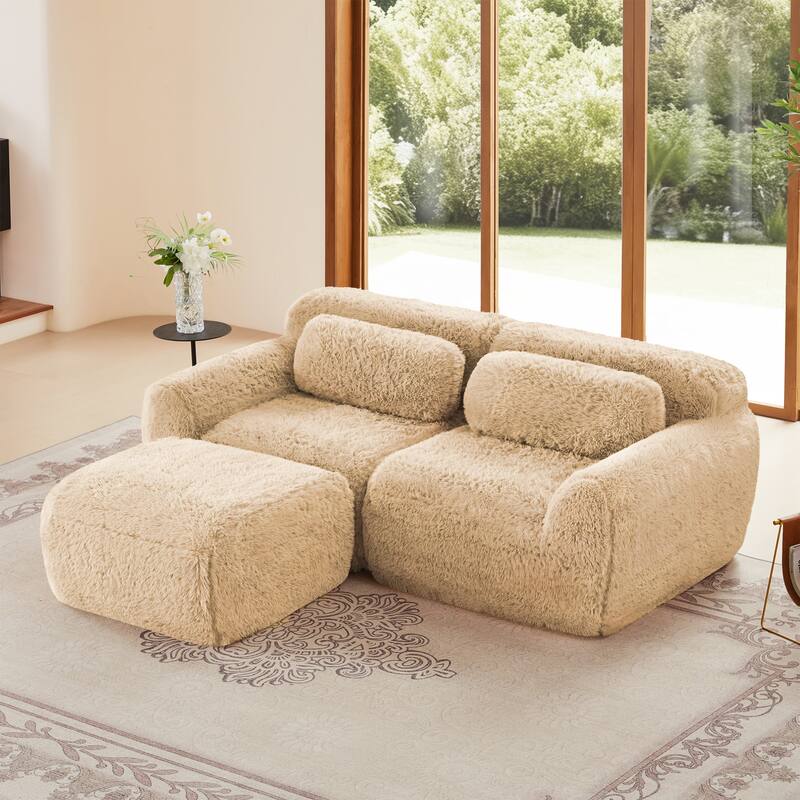 L-shaped Boneless Sofa, Soft Fluffy Plush Fabric, With Chaise 32D High Density Sponge, No Assembly Required - Light Khaki