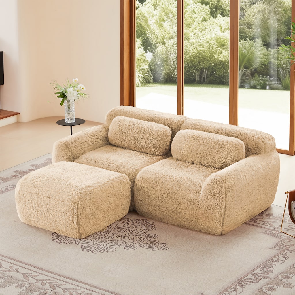 L-shaped Boneless Sofa, Soft Fluffy Plush Fabric, With Chaise 32D High Density Sponge, No Assembly Required