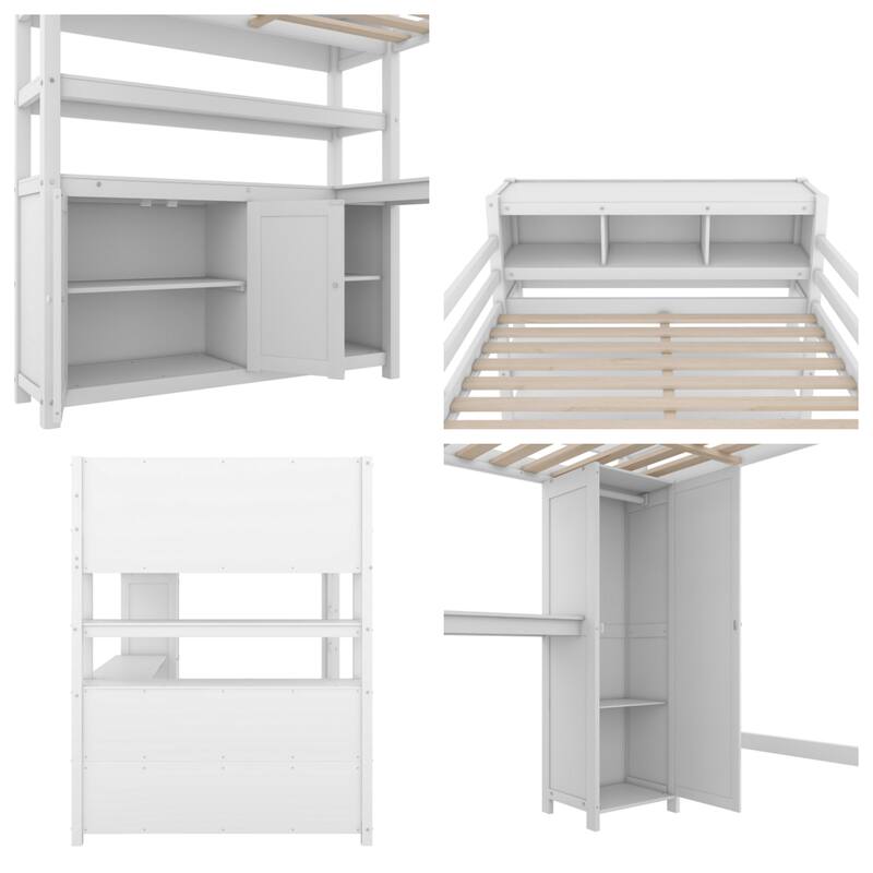Full Size Wood Loft Bed with Cabinet and Bookshelf,Wardrobe and Desk