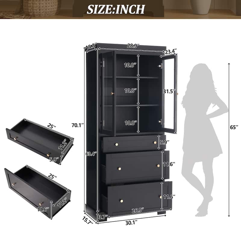 70.1" Modern Bathroom Cabinet with 3 Drawers & Glass Doors - Tall Storage with 2 Adjustable Shelves and Soft Close Mechanism
