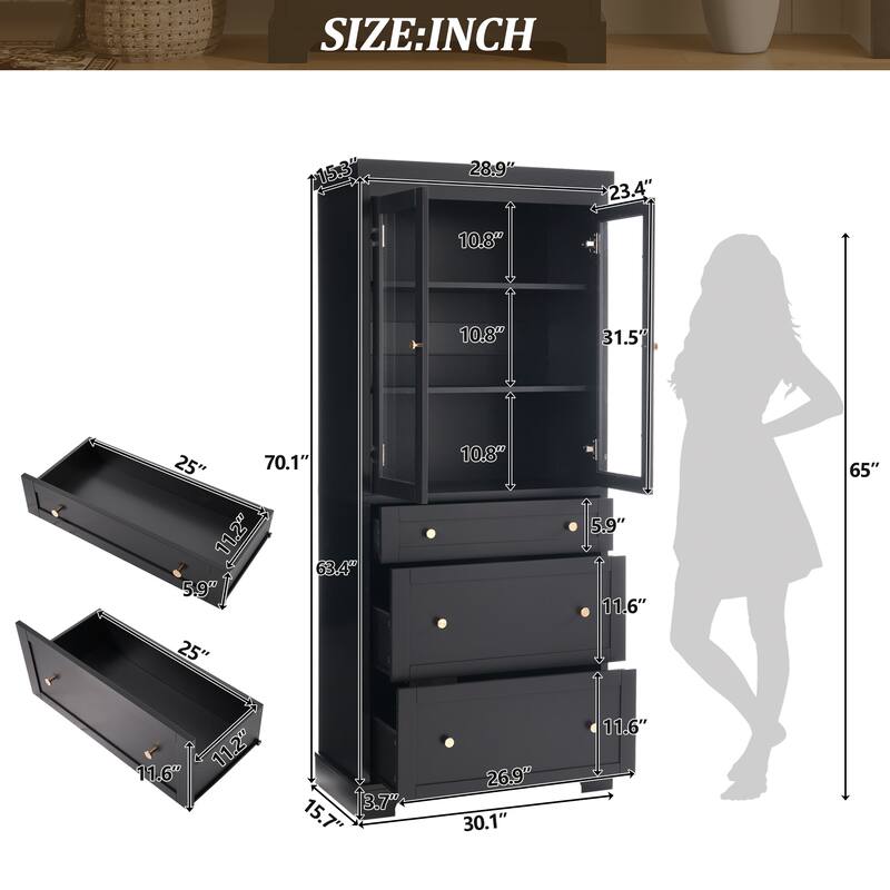 Modern Bathroom Storage Cabinet with Glass Doors and Drawers, Tall Freestanding Floor Cabinet with Adjustable Shelves