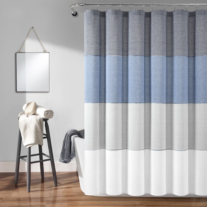 Lush Decor Color Block Ombre Yarn Dyed Eco-Friendly Recycled Cotton Shower Curtain Single - Navy/Blue