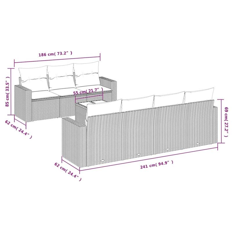 vidaXL Patio Sofa Set with Cushions Outdoor Furniture 8 Piece Poly Rattan - 25.8" x 24.4" x 27.2"
