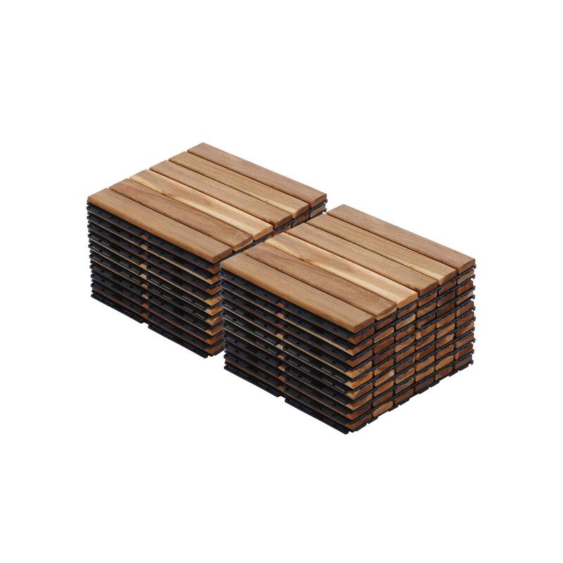 20 PCS Interlocking Deck Tiles Striped Pattern, 12" x 12"Square Acacia Hardwood Outdoor Flooring for Patio,Bancony,Pool Side - Teak+Yellow