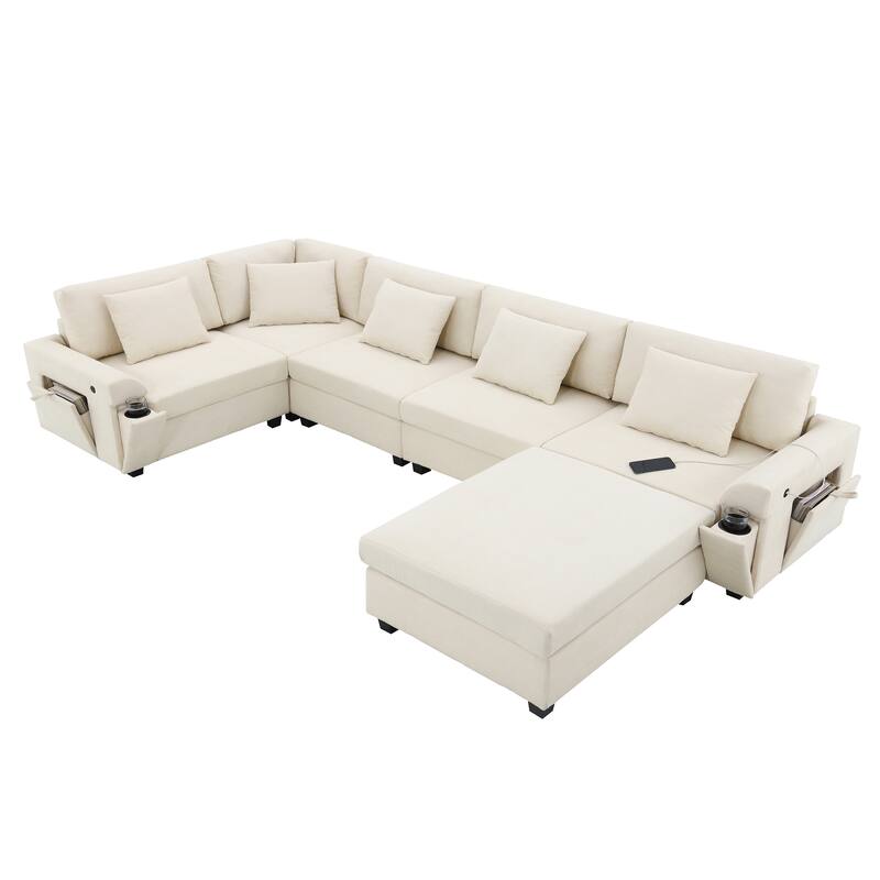 U Shaped Sectional Sofa with Ottoman, Chenille 6 Seater Sofa with Hidden Armrest Storage, Cup Holders & USB Charging Ports