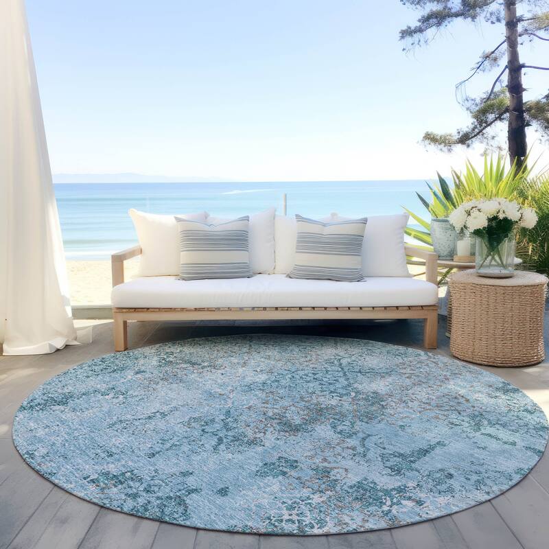 Machine Washable Indoor/ Outdoor Chantille Distressed Traditional Rug - Teal - 8' x 8'