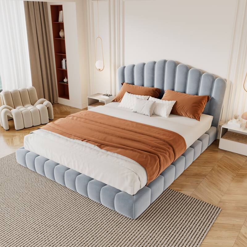 Velvet Upholstered Queen Bed Frame Floor Bed Shell-Shaped Headboard Wingback Frame Bed, No Box Spring Needed - Light Blue - Queen