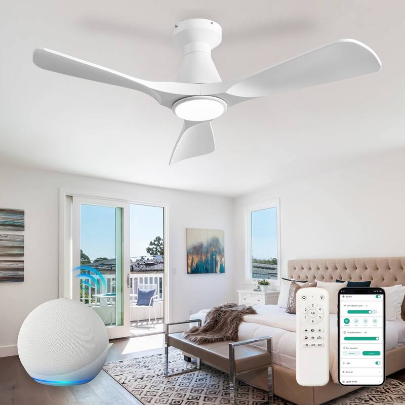 Ceiling Fans with Lights and APP: Flush Mount Low Profile Ceiling Fan for Bedroom - Dimmable Indoor Outdoor Fan - 42in - White