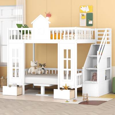 Full-Over-Full Bunk Bed with Changeable Table and Drawer