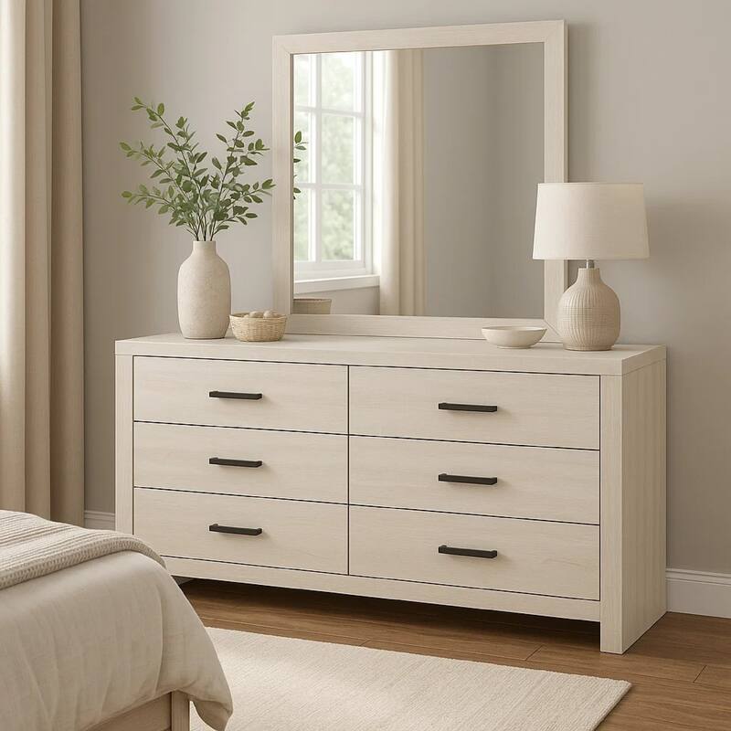 Sili Wide Dresser with Rectangular Mirror, 6 Drawers, Ivory White Wood