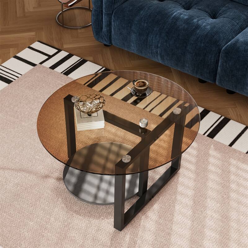 Round Amber-Tinted Tempered Glass Coffee Table Living Room Center Table with 2-Tier