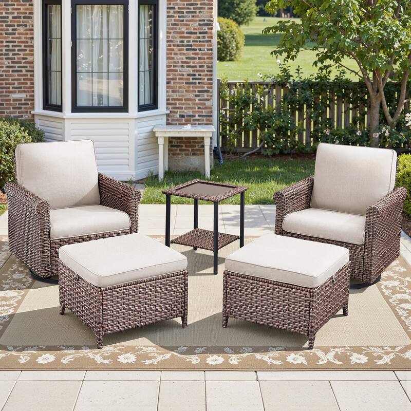 Pocassy Outdoor Sofa with Swivel Chairs Funiture Set - 5PCS Swivel Chairs Ottoman w/ Table - Brown Wicker Blue Cushion