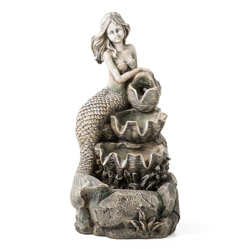 Glitzhome 22"H 4-Tiered LED Lighted Mermaid Fairy Polyresin Outdoor Floor Statue Fountains