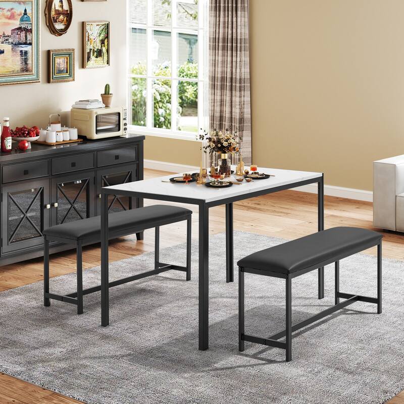 4-6 Person Dining Set with Faux Marble Top, PU Leather Benches and Storage Shelf