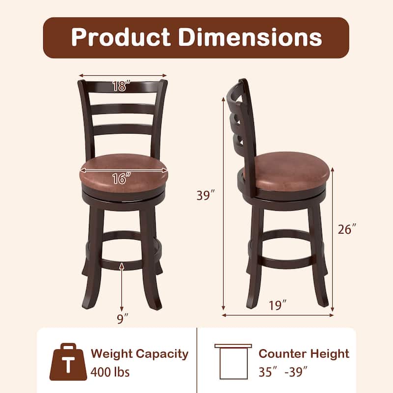 Costway 26” Counter Height Swivel Barstools Set of 2/4 with Back, Faux - Cappuccino