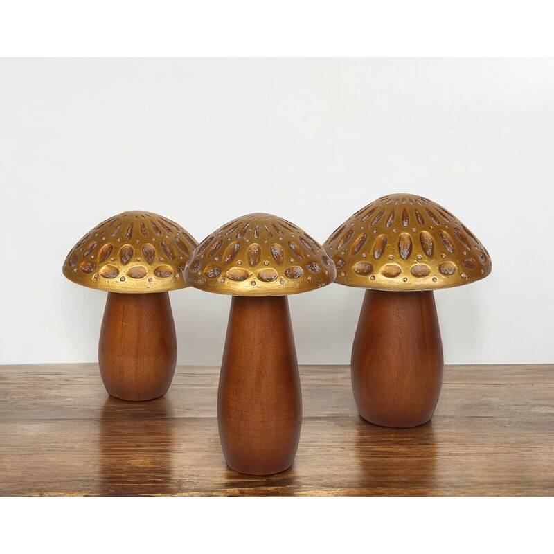 HomeRoots Set of Three Brown And Gold Wood Mushroom Tabletop Sculptures - 4.5' X '8' X '4.5 - 4.5' X '8' X '4.5